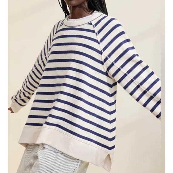aerie Tops - Aerie East West Crew Sweatshirt Womens Large Ivory Navy Striped Oversized Beachy